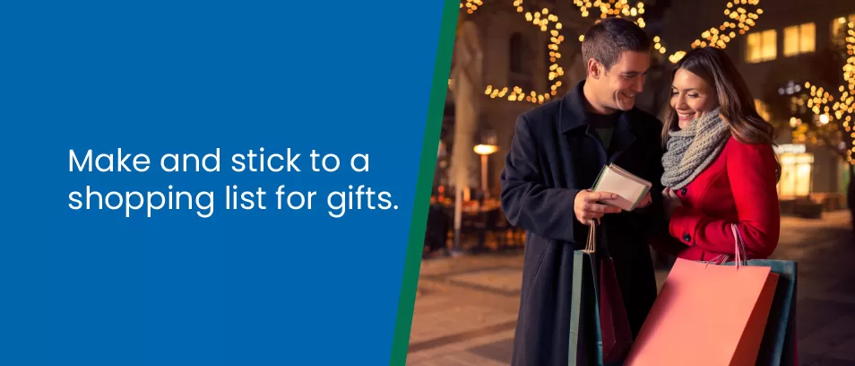 Make and stick to a shopping list for gifts - Man and woman with shopping bags looking at a list